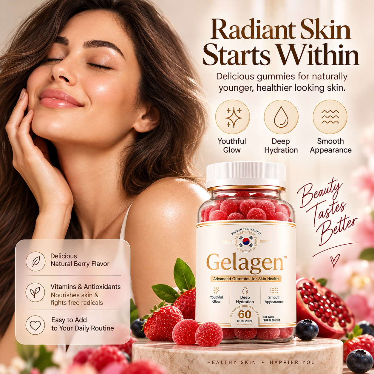 Gelagen skin health gummies bottle with fresh berries, showing youthful glow, deep hydration and smooth appearance benefits