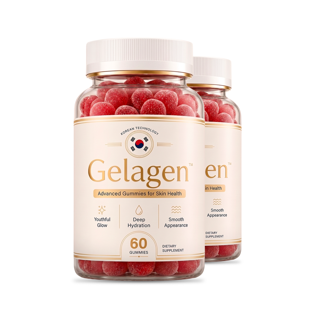 Two bottles of Gelagen skin health gummies, 60 gummies each