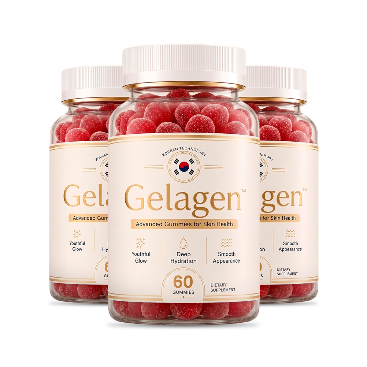 Three bottles of Gelagen skin health gummies, 60 gummies each
